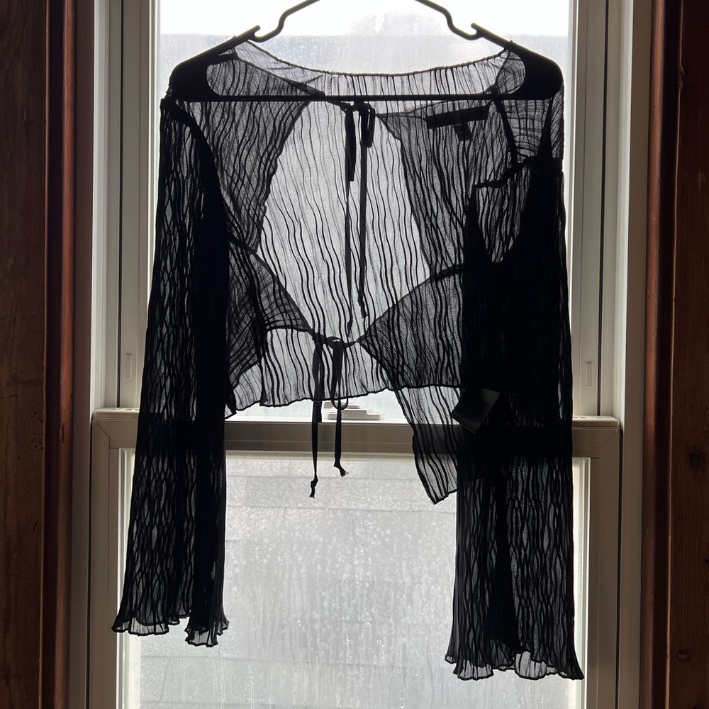 Urban Outfitters Pleated Sheer Long Sleeve Tie Back Black Top Size S